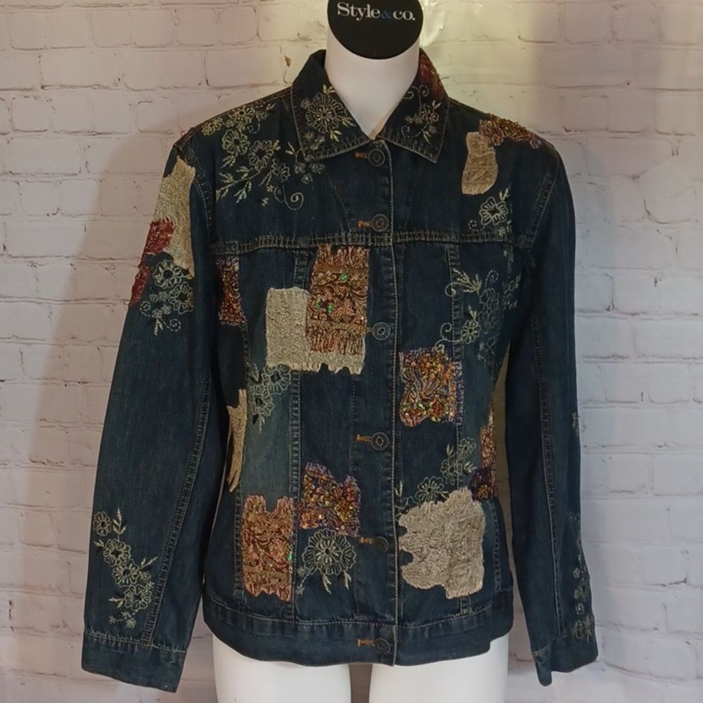 Chico Y2K Patch Work  Chunky Floral  Embroidery Denim Jean  Jacket 0 =M /L